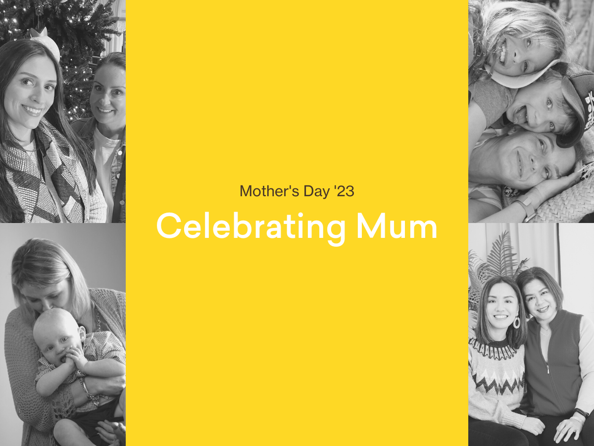 Collage of black and white photos with "Mother's Day '23 Celebrating Mum" text on a yellow background.