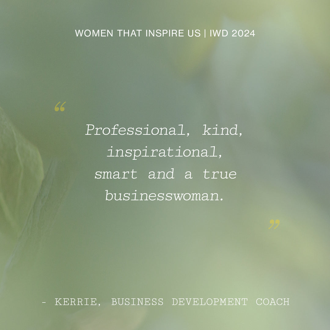 Inspirational quote about a professional and kind businesswoman for IWD 2024, on a blurry green background.