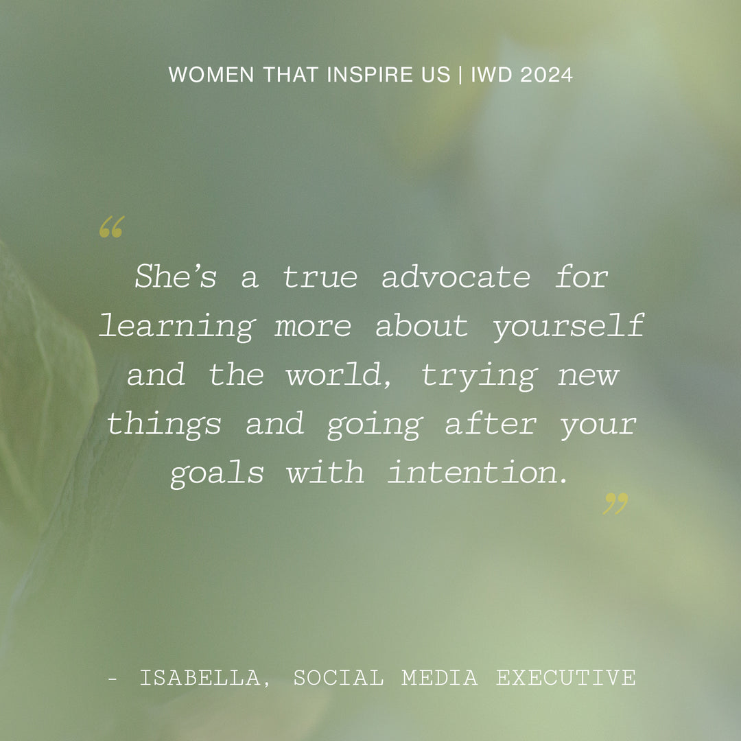 Inspirational quote on a blurry green background for International Women's Day 2024, credited to Isabella, Social Media Executive.