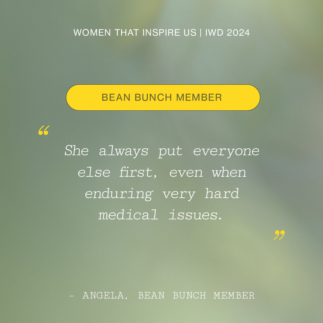 Inspirational quote on a blurred green background for International Women's Day 2024, shared by a Bean Bunch member.