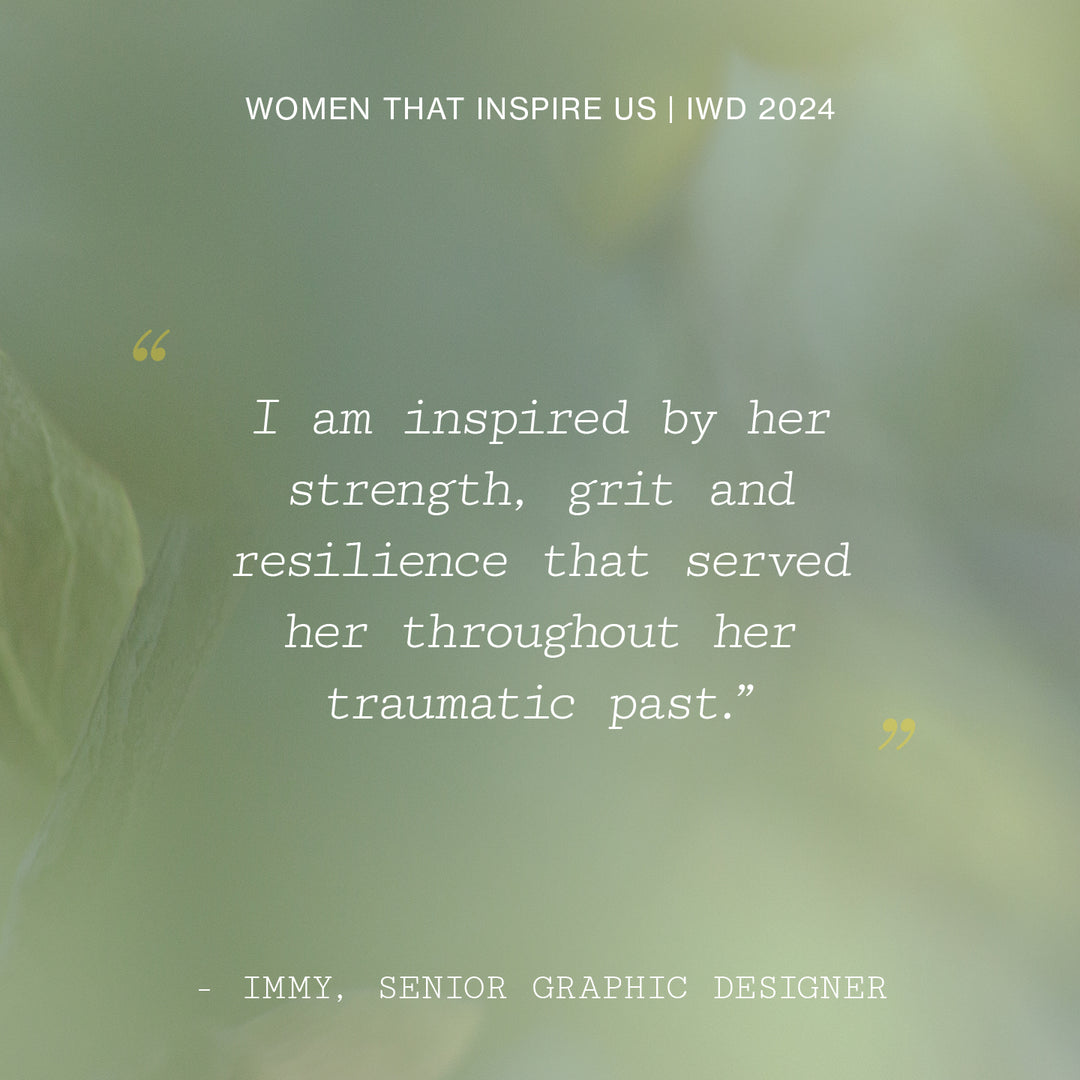 Inspirational quote about a woman's resilience, overlaying a soft-focus green background for IWD 2024.