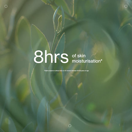 Text '8hrs of skin moisturisation' on a green leafy background