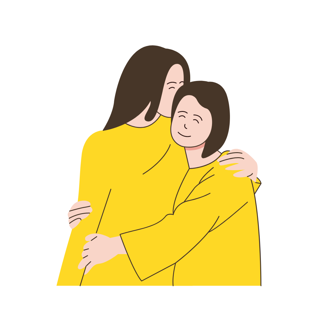 Two people in yellow tops hugging, one with long hair, against a black background.